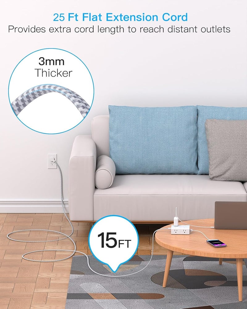 One Beat 25Ft Extension Cord with Multiple Outlets, Flat Plug Power Strip Surge Protector 25 Ft Long Cord, 8 Outlet 4 USB Ports (2 USB C), Multi Outlet Wall Plug for Office, College, Dorm Room Essentials - Image 2